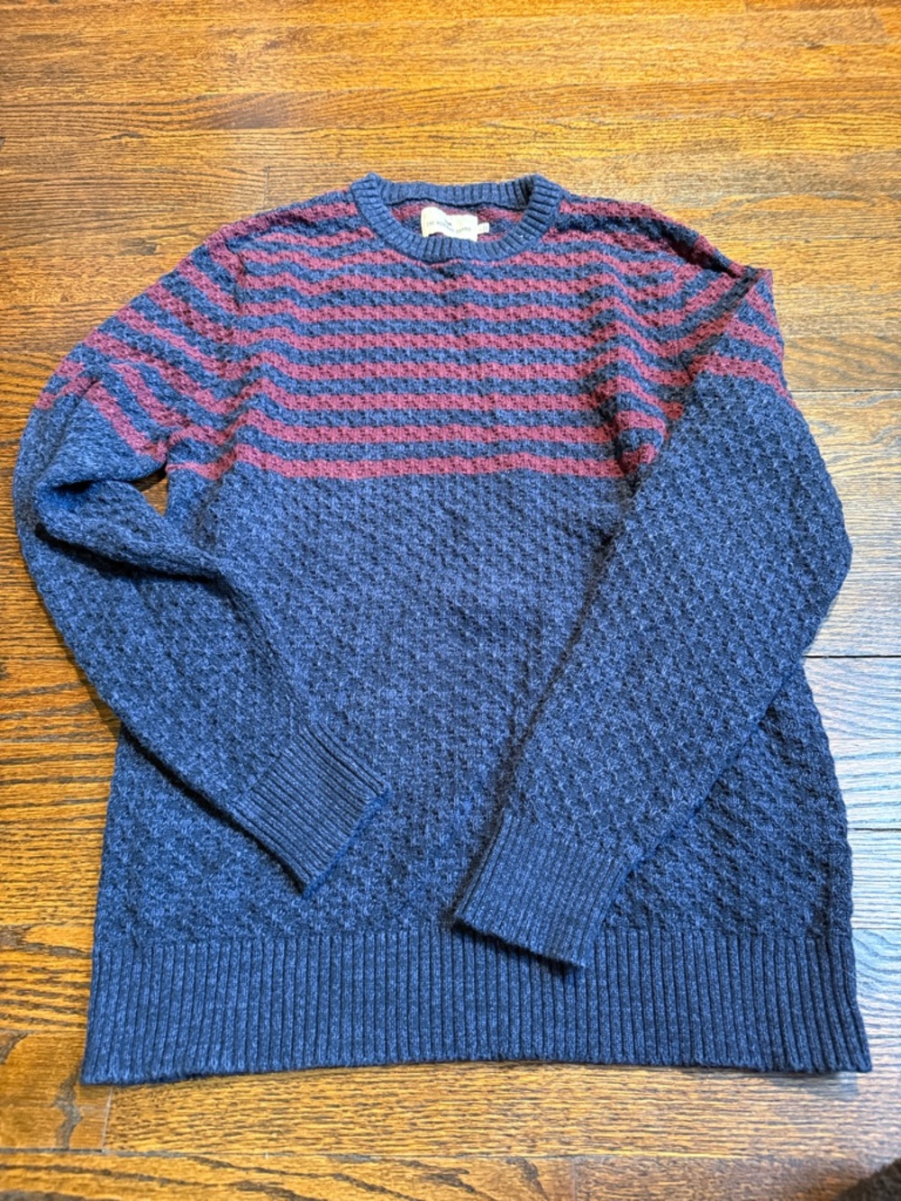 The Normal Brand Navy and Burgundy Striped Crewneck Sweater